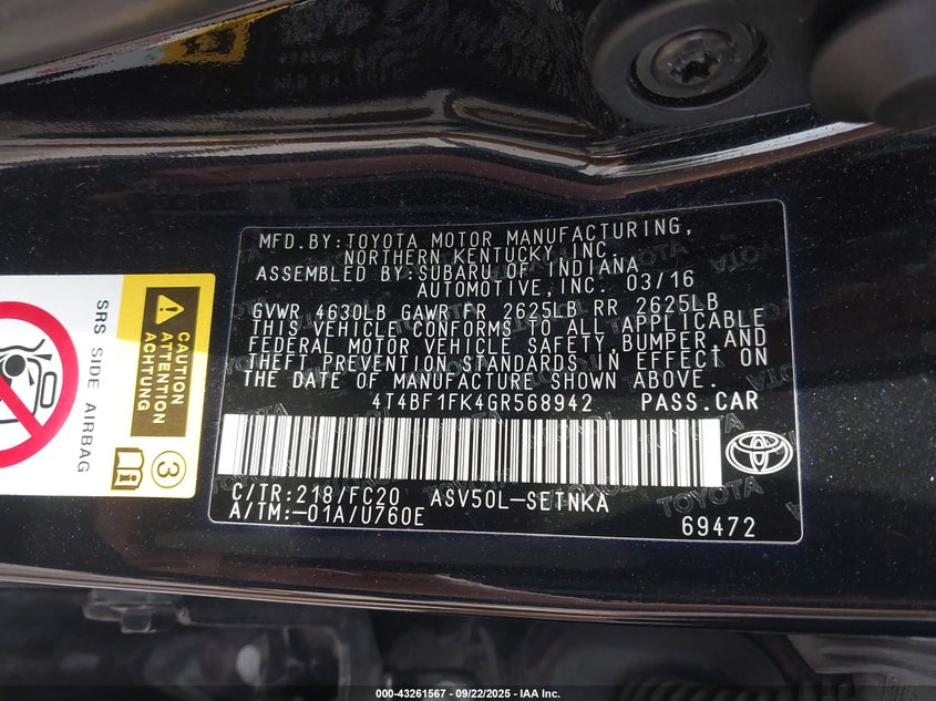 2016 Toyota Camry Le VIN: 4T4BF1FK4GR568942 Lot: 43261567