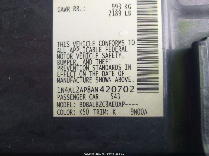 2010 Nissan Altima 2.5 S VIN: 1N4AL2AP8AN420702 Lot: 43261575