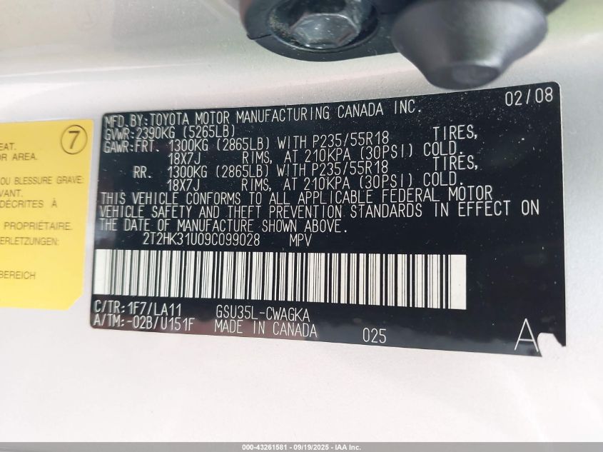 2009 Lexus Rx 350 VIN: 2T2HK31U09C099028 Lot: 43261581