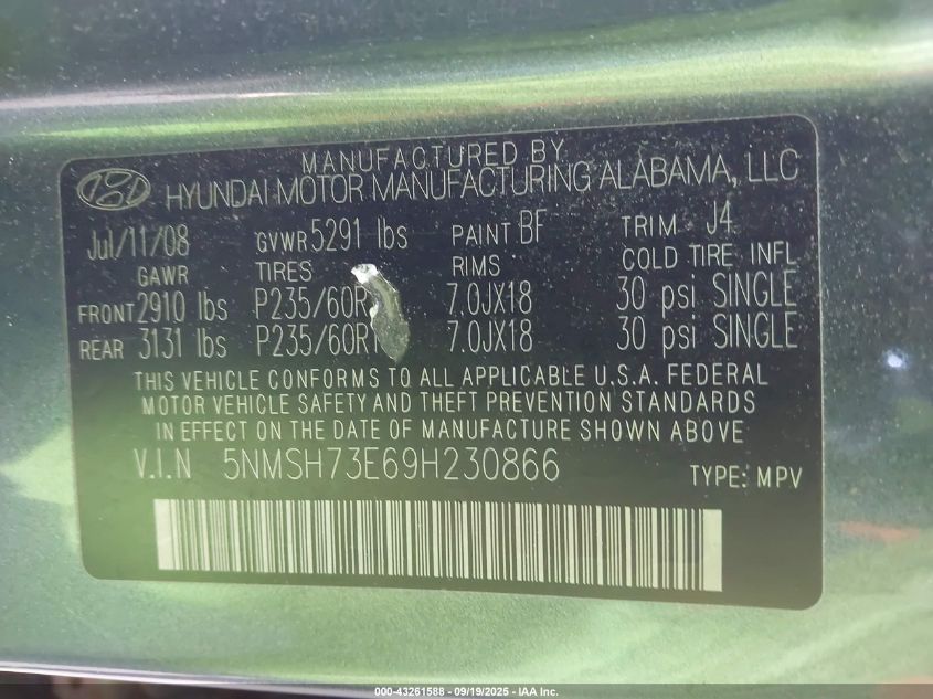 2009 Hyundai Santa Fe Se VIN: 5NMSH73E69H230866 Lot: 43261588