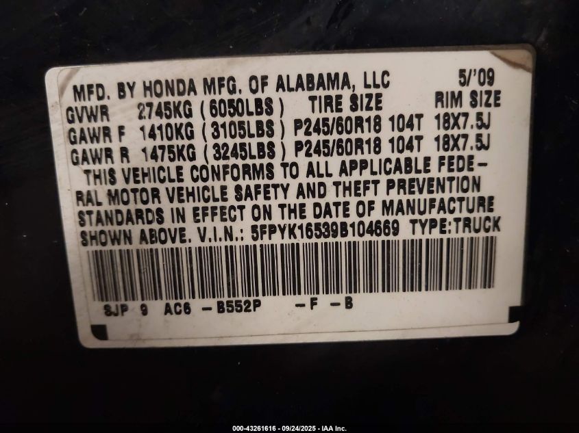 2009 Honda Ridgeline Rtl VIN: 5FPYK16539B104669 Lot: 43261616