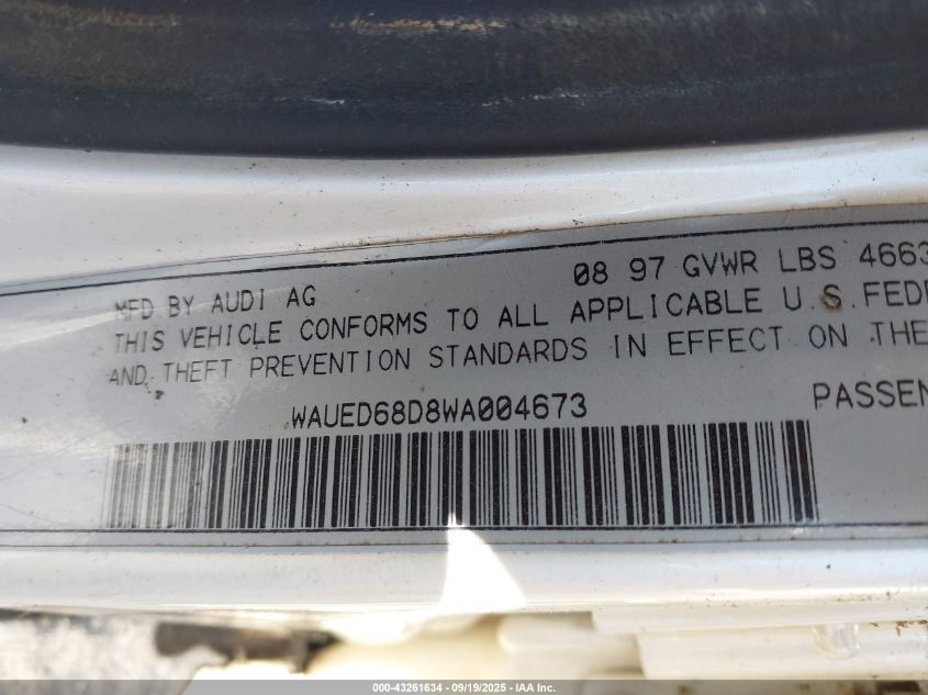 1998 Audi A4 2.8 VIN: WAUED68D8WA004673 Lot: 43261634