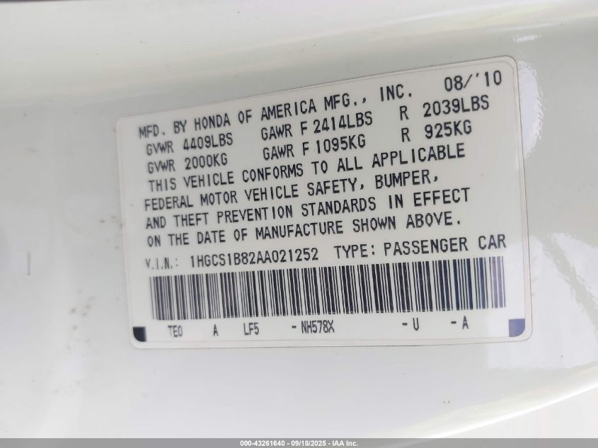 2010 Honda Accord 2.4 Ex-L VIN: 1HGCS1B82AA021252 Lot: 43261640