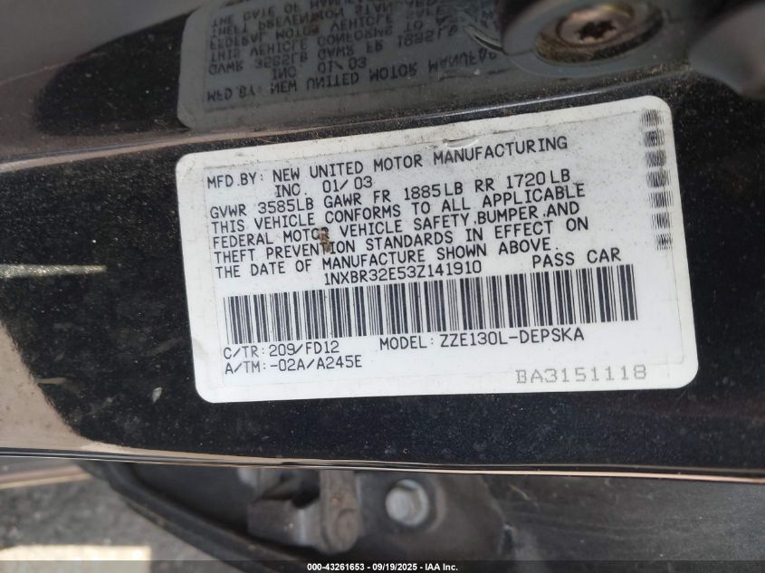 2003 Toyota Corolla S VIN: 1NXBR32E53Z141910 Lot: 43261653