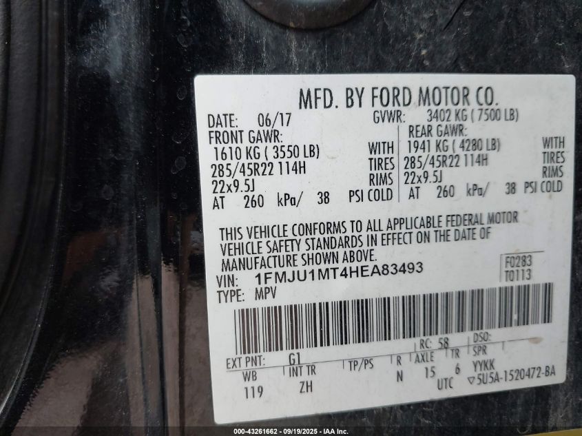 2017 Ford Expedition Platinum VIN: 1FMJU1MT4HEA83493 Lot: 43261662
