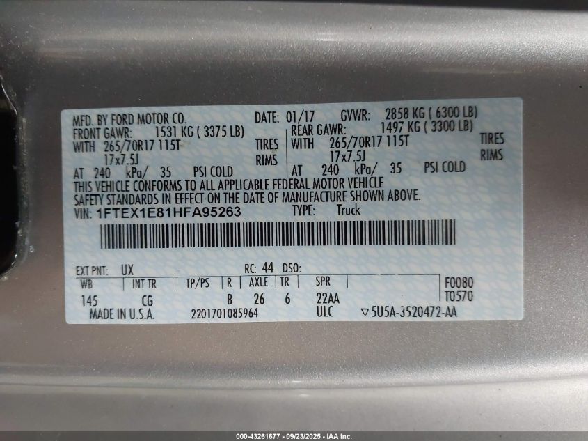 2017 Ford F-150 Xl VIN: 1FTEX1E81HFA95263 Lot: 43261677