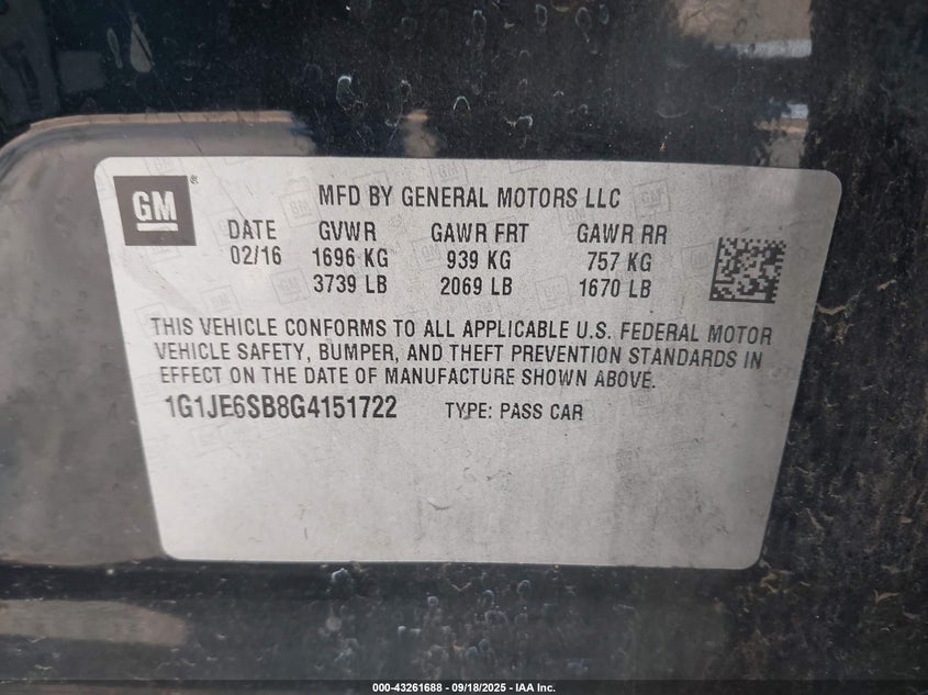 2016 CHEVROLET SONIC LTZ AUTO 1G1JE6SB8G4151722