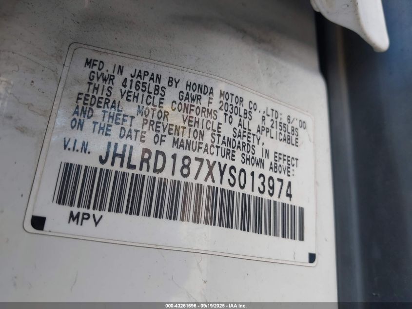 2000 Honda Cr-V Special Edition VIN: JHLRD187XYS013974 Lot: 43261696