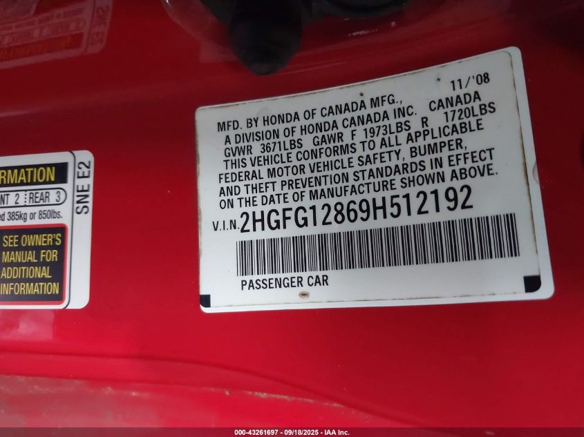 2009 Honda Civic Ex VIN: 2HGFG12869H512192 Lot: 43261697
