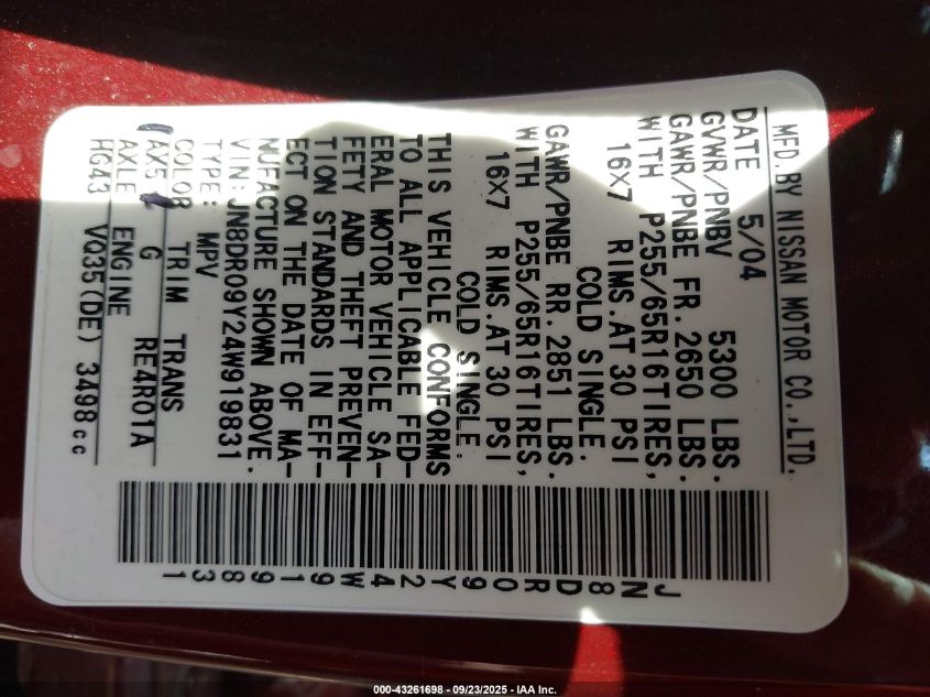 2004 Nissan Pathfinder Se VIN: JN8DR09Y24W919831 Lot: 43261698