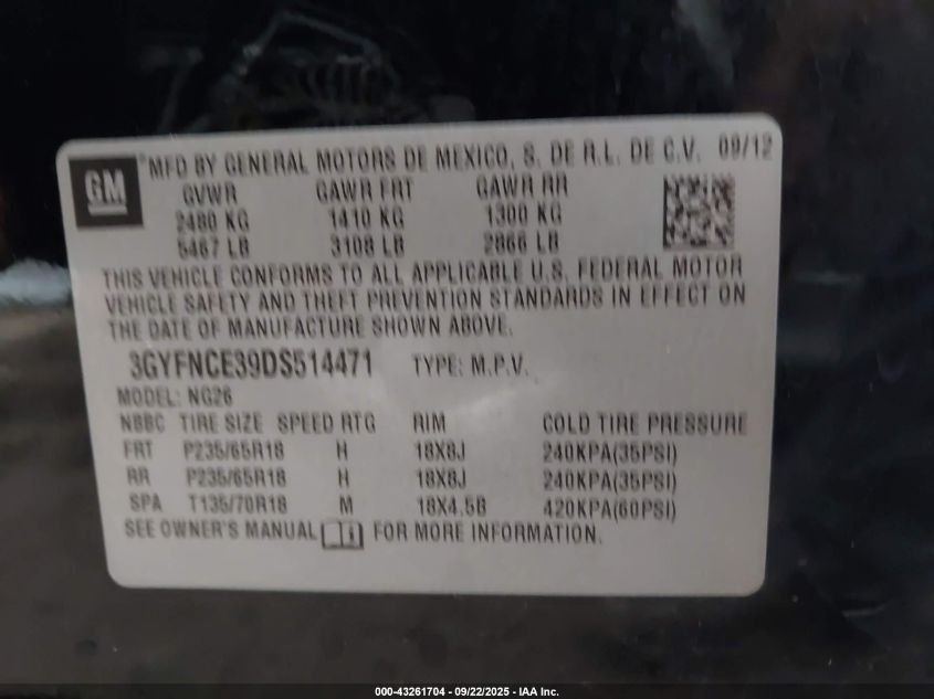 2013 Cadillac Srx Luxury Collection VIN: 3GYFNCE39DS514471 Lot: 43261704