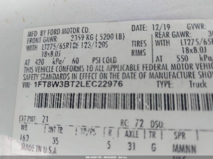 2020 Ford F-350 Xlt VIN: 1FT8W3BT2LEC22976 Lot: 43261750