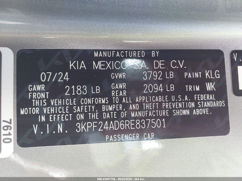 2024 Kia Forte Lxs VIN: 3KPF24AD6RE837501 Lot: 43261754