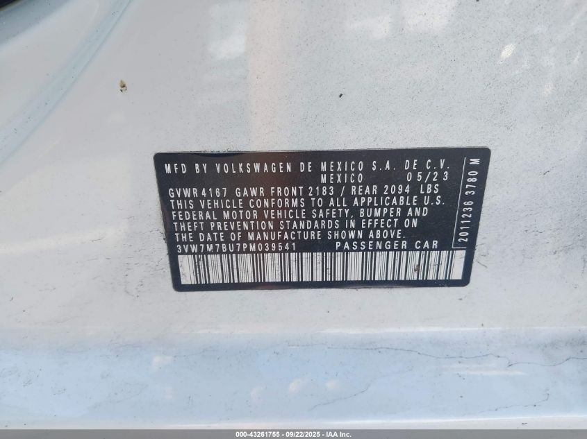 2023 Volkswagen Jetta 1.5T Se VIN: 3VW7M7BU7PM039541 Lot: 43261755