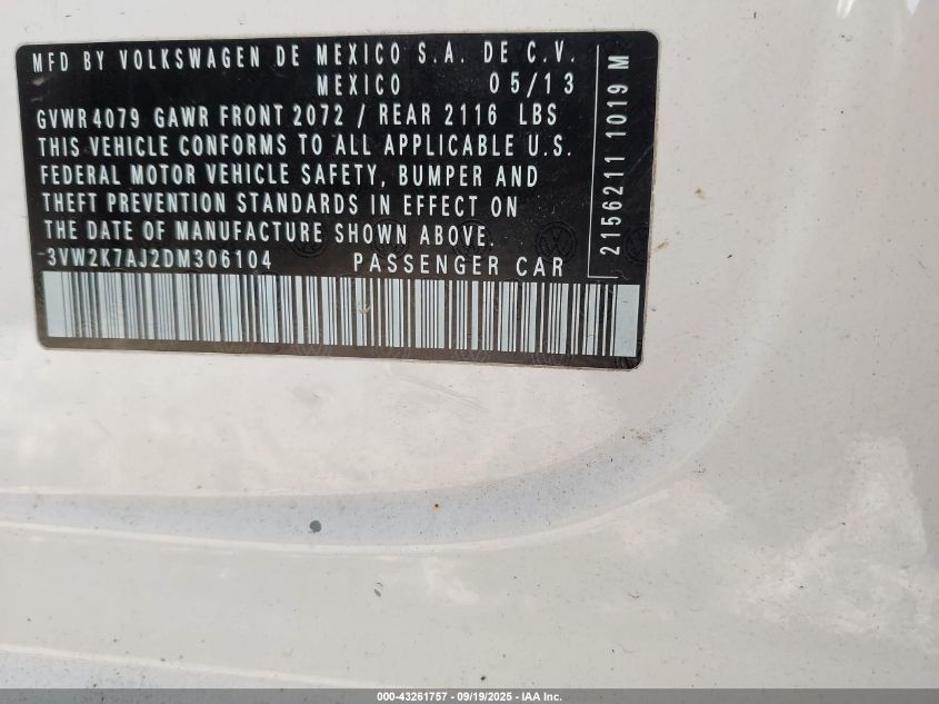 2013 Volkswagen Jetta S VIN: 3VW2K7AJ2DM306104 Lot: 43261757
