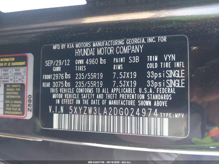 2013 Hyundai Santa Fe Sport 2.0T VIN: 5XYZW3LA2DG024974 Lot: 43261758