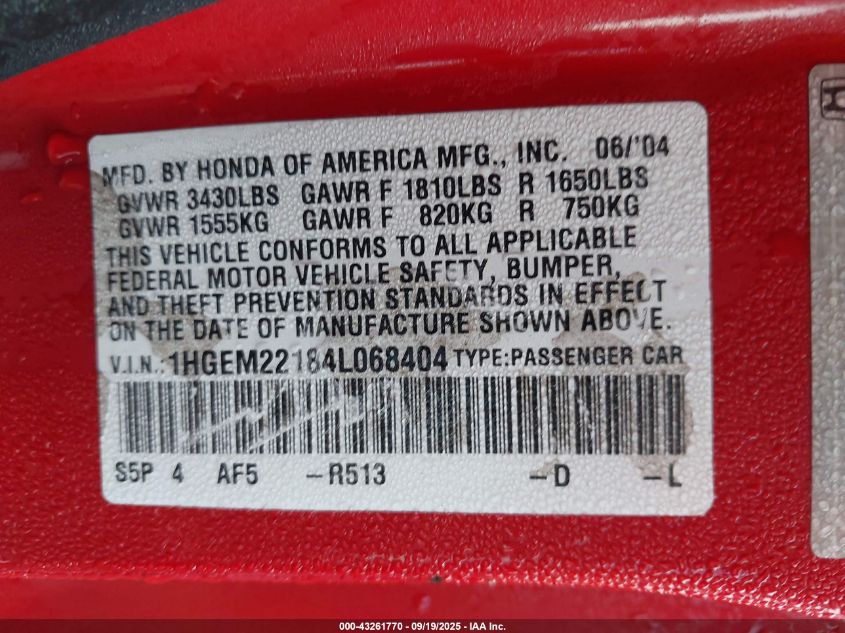 2004 Honda Civic Vp VIN: 1HGEM22184L068404 Lot: 43261770