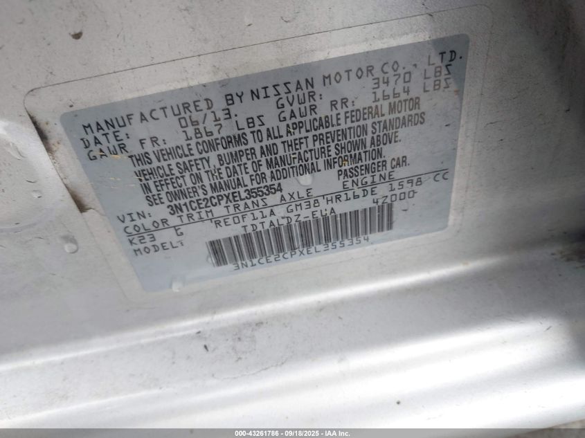 2014 Nissan Versa Note Sv VIN: 3N1CE2CPXEL355354 Lot: 43261786