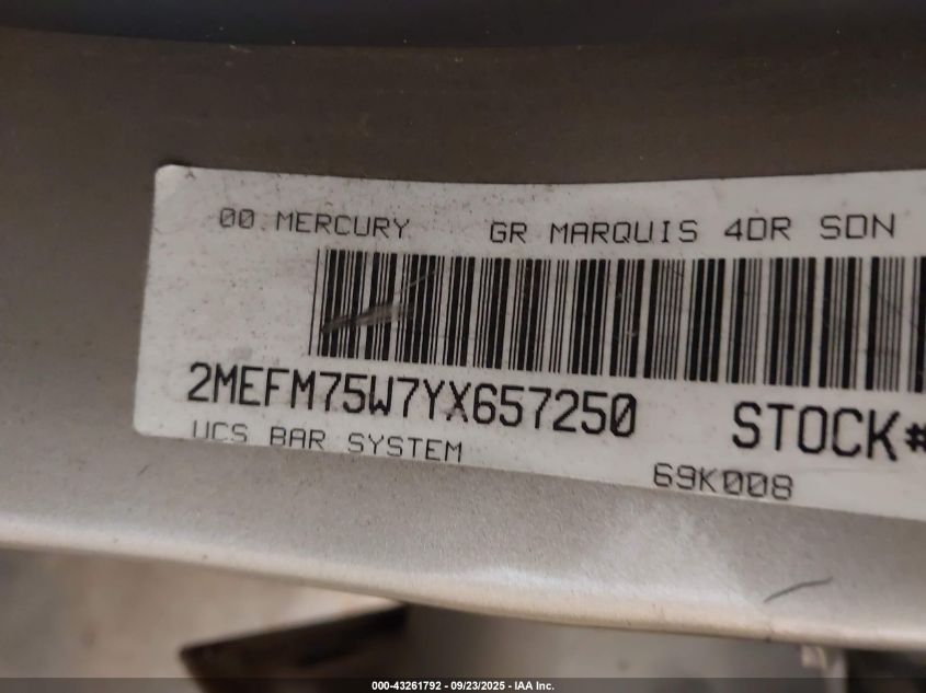 2000 Mercury Grand Marquis Ls VIN: 2MEFM75W7YX657250 Lot: 43261792