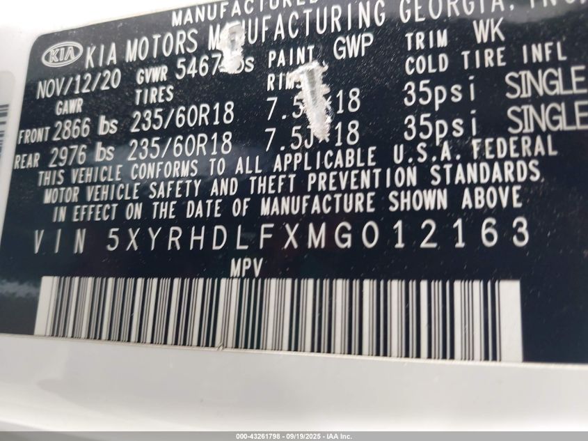 2021 Kia Sorento Ex VIN: 5XYRHDLFXMG012163 Lot: 43261798