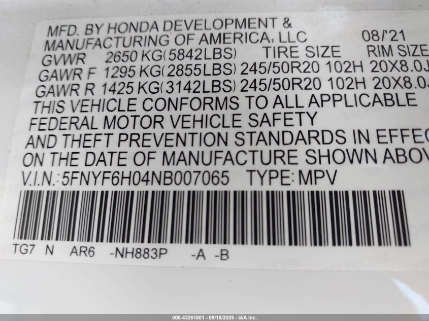 2022 Honda Pilot Awd Elite VIN: 5FNYF6H04NB007065 Lot: 43261801