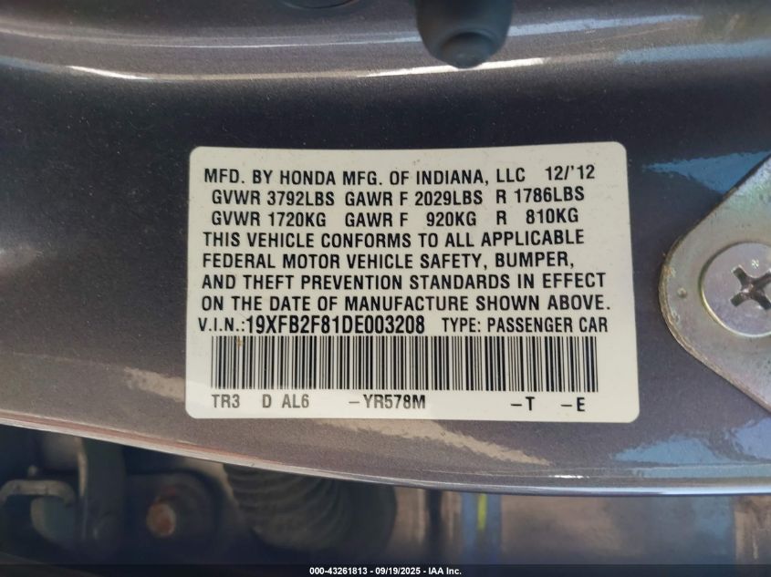 2013 Honda Civic Ex VIN: 19XFB2F81DE003208 Lot: 43261813