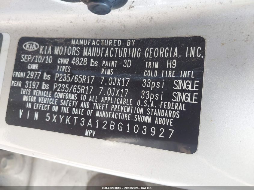 2011 Kia Sorento Lx VIN: 5XYKT3A12BG103927 Lot: 43261816