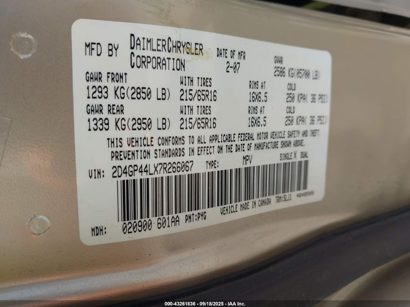 2007 Dodge Grand Caravan Sxt VIN: 2D4GP44LX7R266067 Lot: 43261836