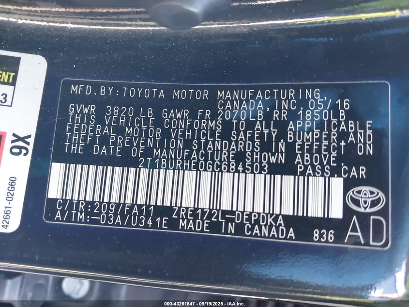 2016 Toyota Corolla L VIN: 2T1BURHE0GC684503 Lot: 43261847