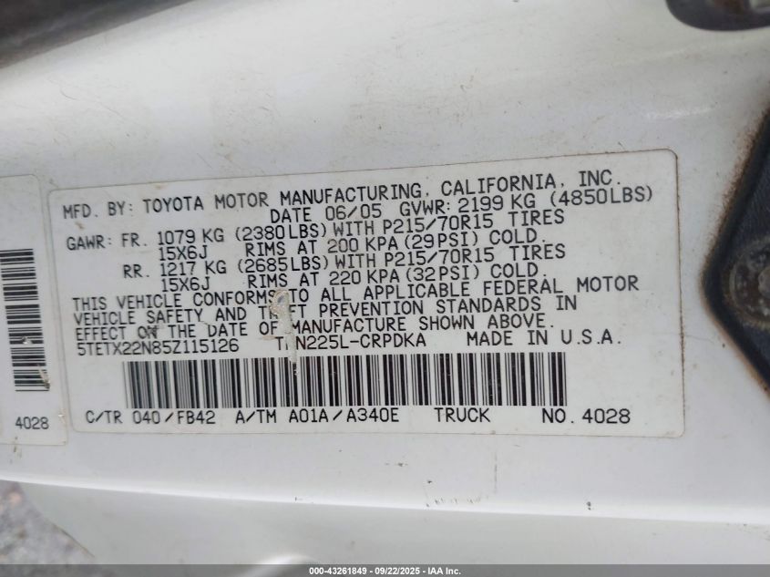 2005 Toyota Tacoma VIN: 5TETX22N85Z115126 Lot: 43261849