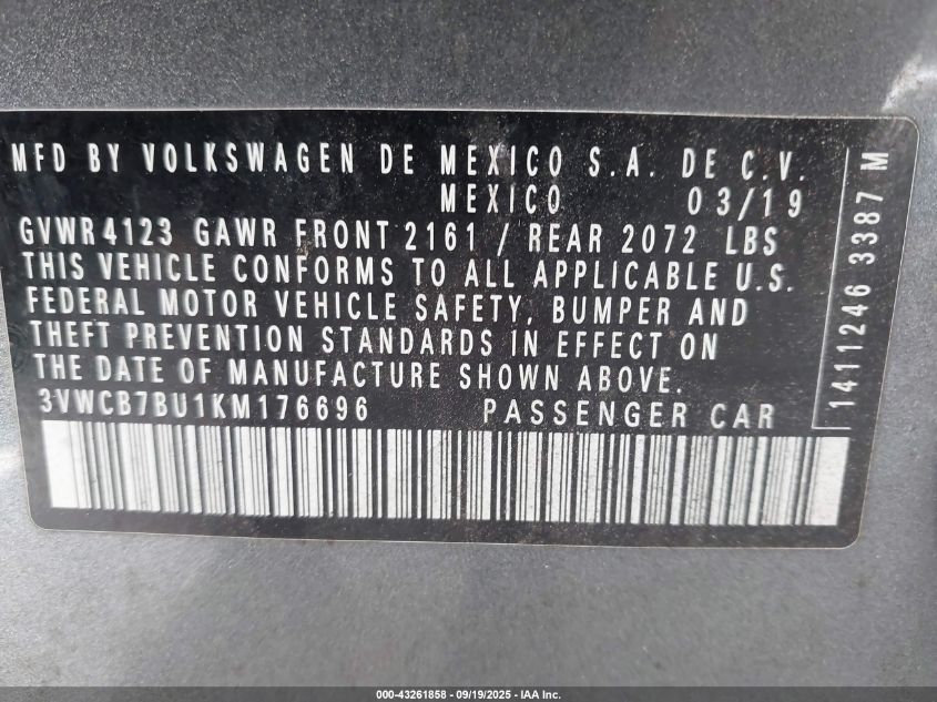 2019 Volkswagen Jetta 1.4T R-Line/1.4T S/1.4T Se VIN: 3VWCB7BU1KM176696 Lot: 43261858