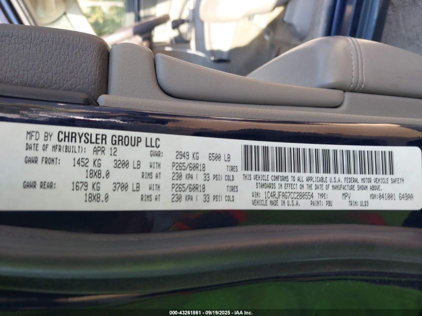 2012 Jeep Grand Cherokee Laredo VIN: 1C4RJFAG7CC280554 Lot: 43261861