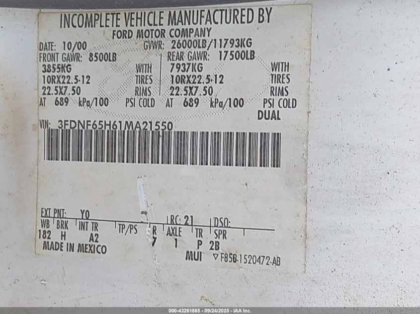 2001 Ford F-650 Xl/Xlt VIN: 3FDNF65H61MA21550 Lot: 43261865