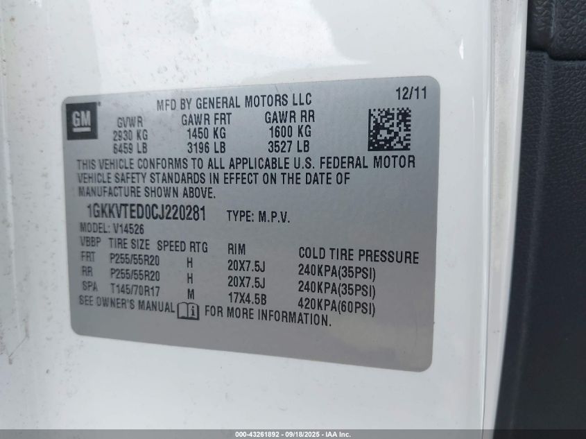 2012 GMC Acadia Denali VIN: 1GKKVTED0CJ220281 Lot: 43261892