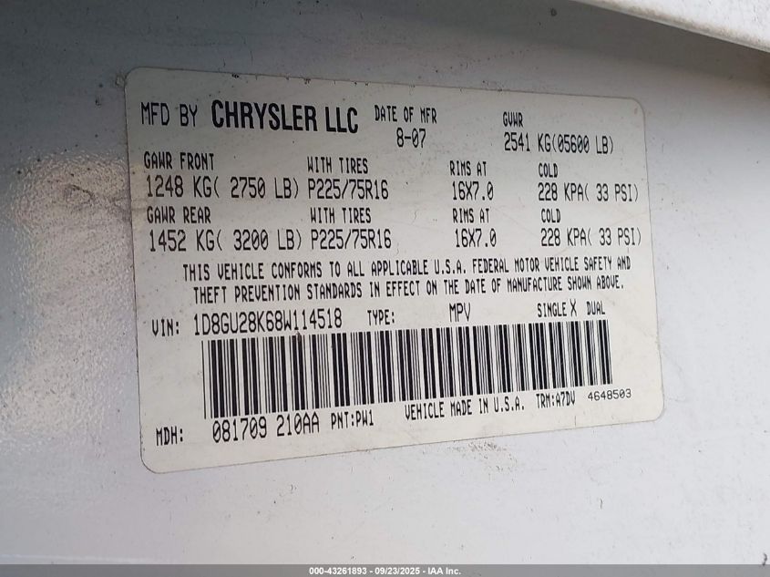 2008 Dodge Nitro Sxt VIN: 1D8GU28K68W114518 Lot: 43261893