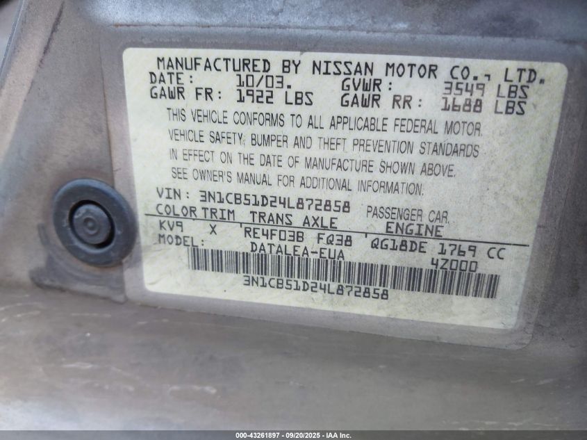 2004 Nissan Sentra 1.8S VIN: 3N1CB51D24L872858 Lot: 43261897
