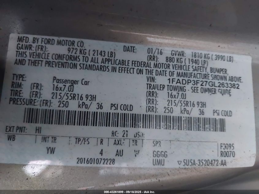 2016 Ford Focus Se VIN: 1FADP3F27GL263382 Lot: 43261899