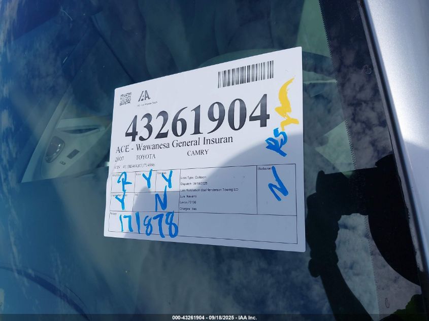 2007 Toyota Camry Le VIN: 4T1BE46K87U714886 Lot: 43261904