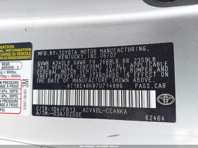 2007 Toyota Camry Le VIN: 4T1BE46K87U714886 Lot: 43261904