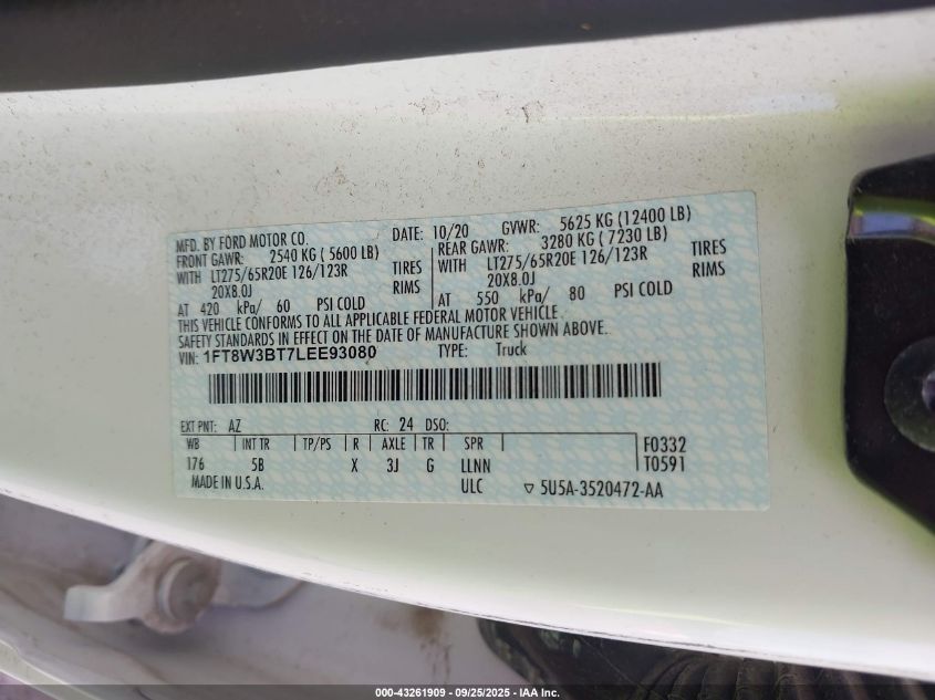 2020 Ford F-350 Lariat VIN: 1FT8W3BT7LEE93080 Lot: 43261909