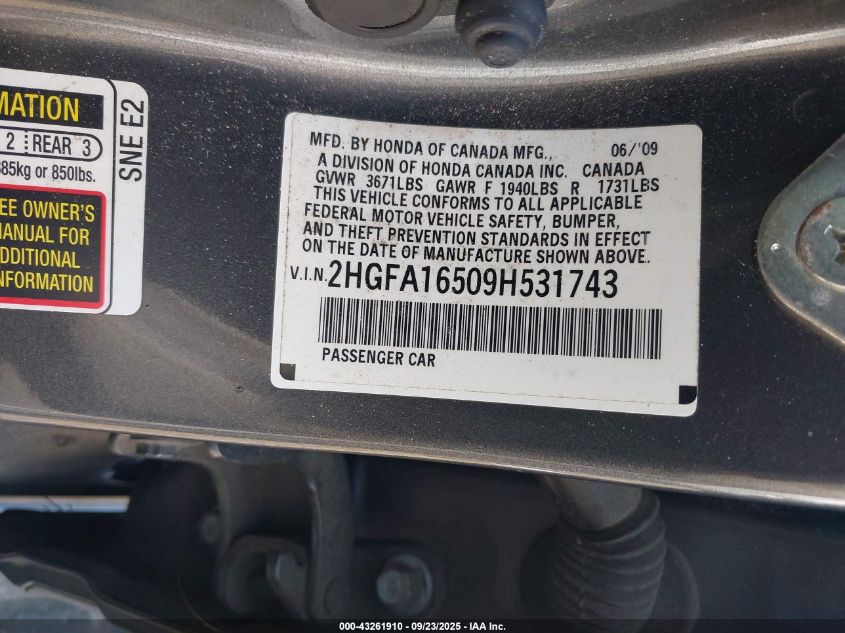 2009 Honda Civic Lx VIN: 2HGFA16509H531743 Lot: 43261910