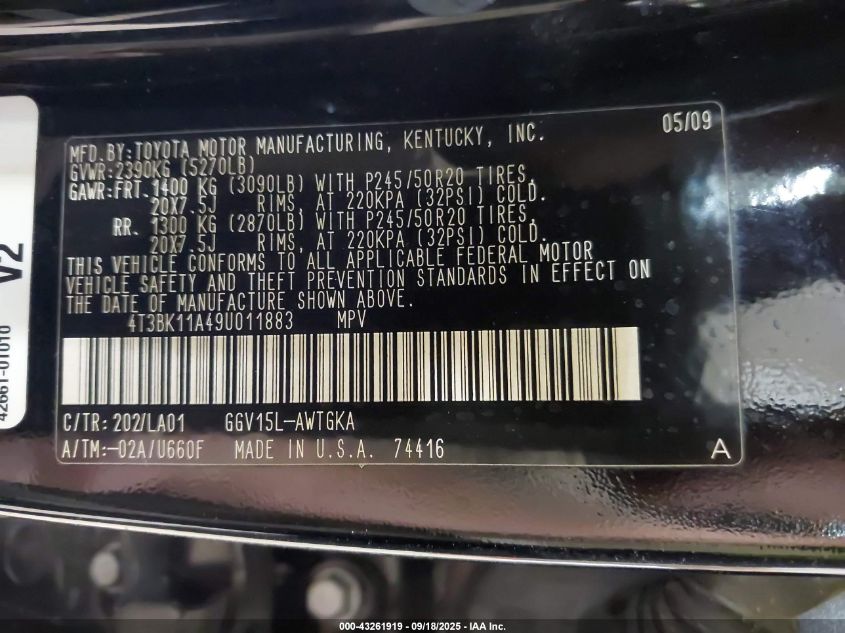 2009 Toyota Venza Base V6 VIN: 4T3BK11A49U011883 Lot: 43261919