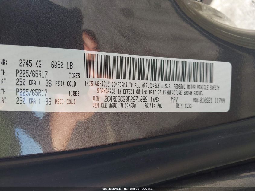 2015 Dodge Grand Caravan Sxt Plus VIN: 2C4RDGCG3FR671089 Lot: 43261948