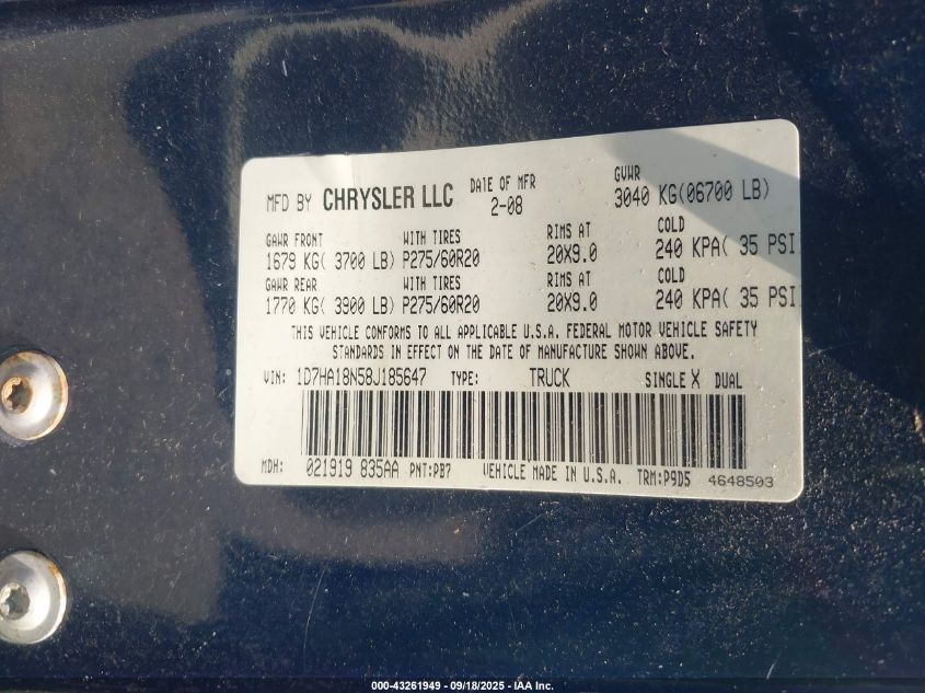 2008 Dodge Ram 1500 Slt VIN: 1D7HA18N58J185647 Lot: 43261949