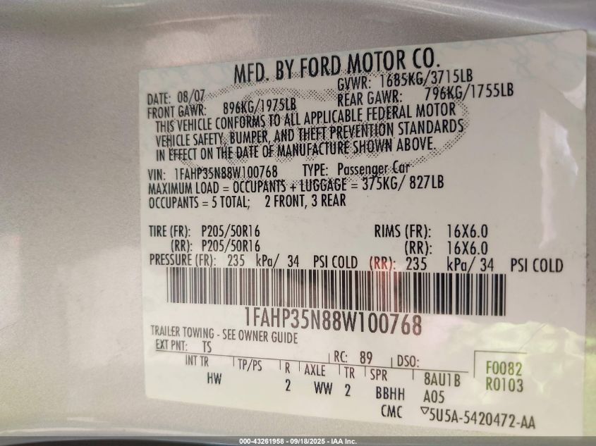 2008 Ford Focus Se/Ses VIN: 1FAHP35N88W100768 Lot: 43261958