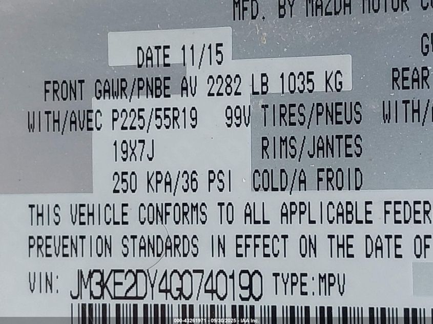 2016 Mazda Cx-5 Grand Touring VIN: JM3KE2DY4G0740190 Lot: 43261971