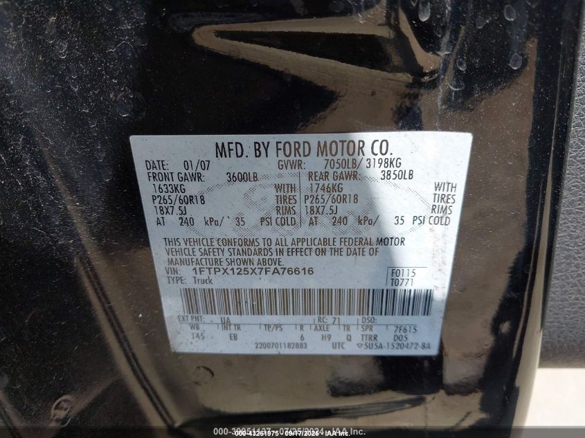 2007 Ford F-150 Lariat/Stx/Xl/Xlt VIN: 1FTPX125X7FA76616 Lot: 43261975