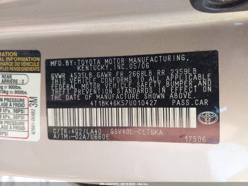 2007 Toyota Camry Xle V6 VIN: 4T1BK46K57U010427 Lot: 43261979