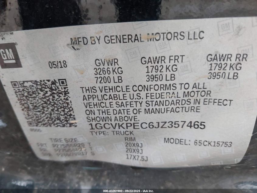2018 Chevrolet Silverado 1500 Custom VIN: 1GCVKPEC6JZ357465 Lot: 43261980