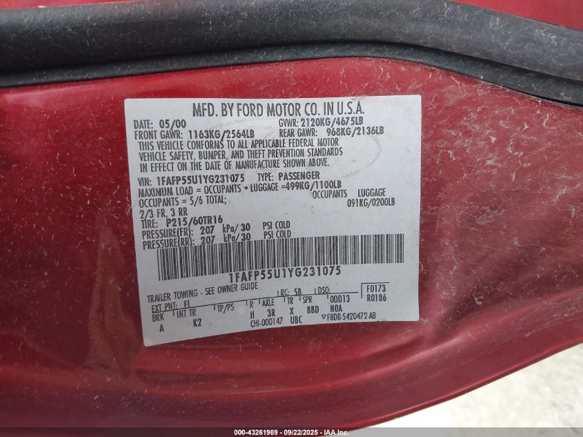 2000 Ford Taurus Ses VIN: 1FAFP55U1YG231075 Lot: 43261989